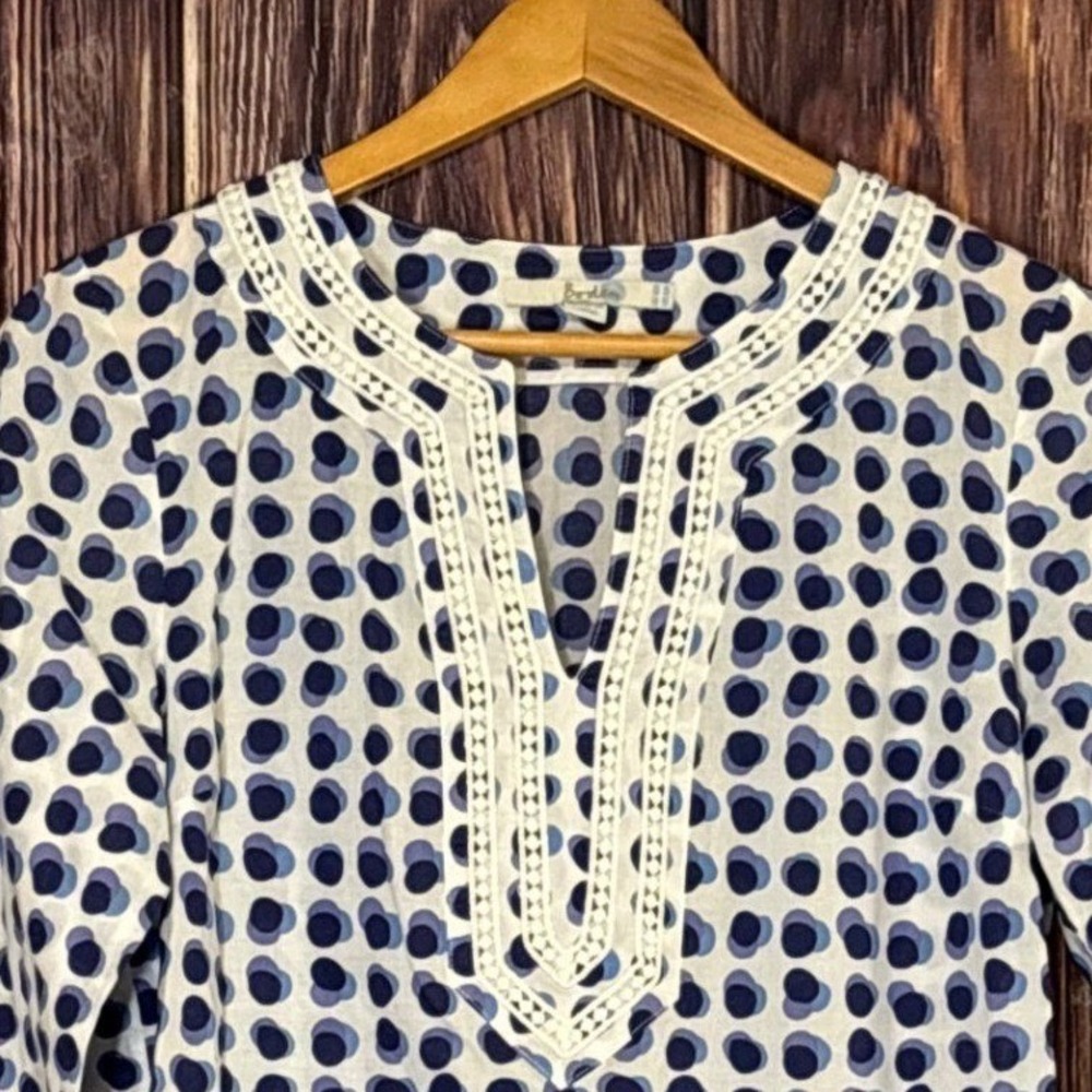 Boden Tunic Top Womens US 6R Blue Purple Polka Dot Cotton Crochet Trim Boho - Picture 14 of 14